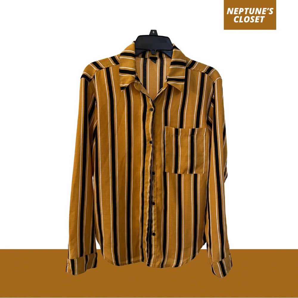 UNISEX Striped Yellow White and Black Button Down Shirt Lightweight Summer